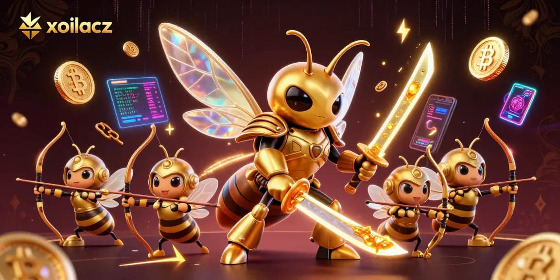 Xoilacz showcases a vibrant 3D casino scene with a golden hornet samurai and crypto elements.
