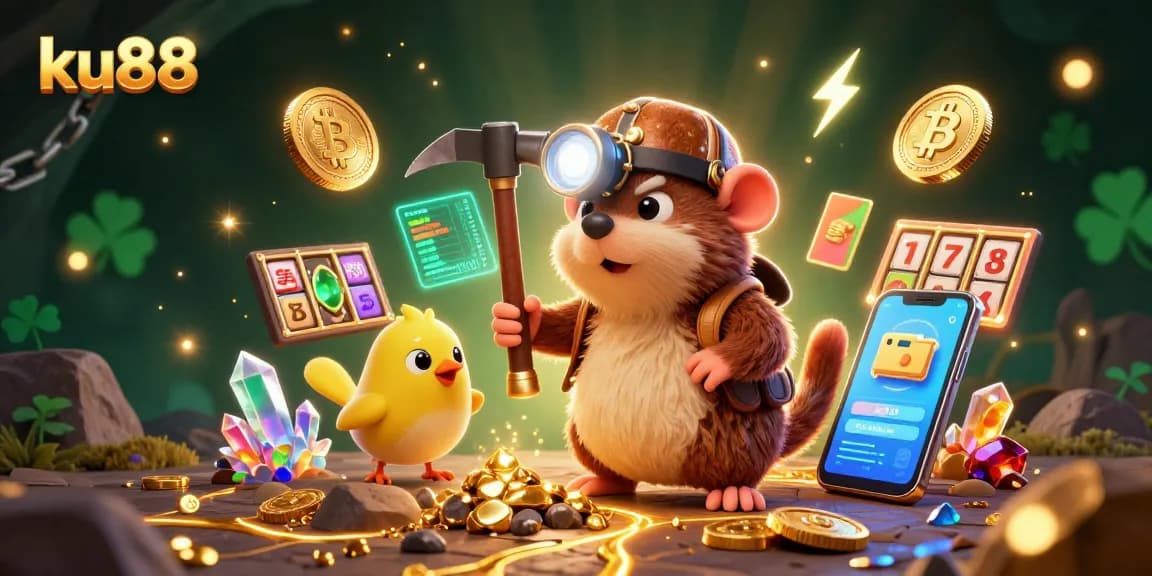 ku88 features a treasure hunter mole exploring golden mines surrounded by vibrant slot elements.