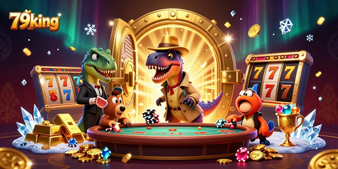 Experience the thrill of 79king with a velociraptor card counter at a vibrant blackjack table.