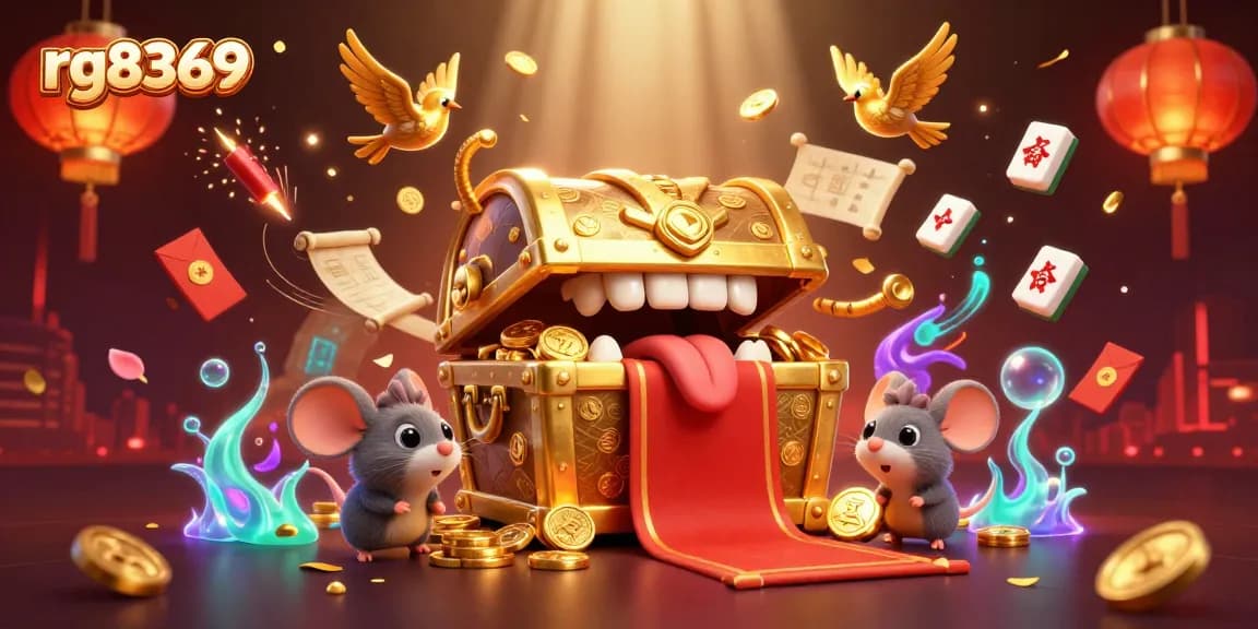 Win big at rg8369 with a vibrant 3D treasure scene featuring playful adventurer mice and a golden chest.