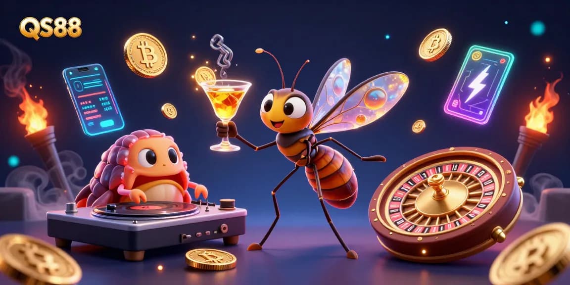 Engage in vibrant gaming excitement at QS88, where a playful mascot and DJ bring the casino atmosphere to life.