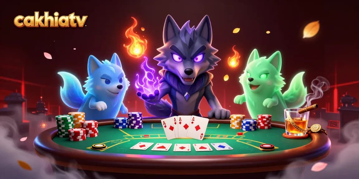 Engage in exciting poker strategy with cakhiatv's vibrant 3D gambling illustration featuring wolves.