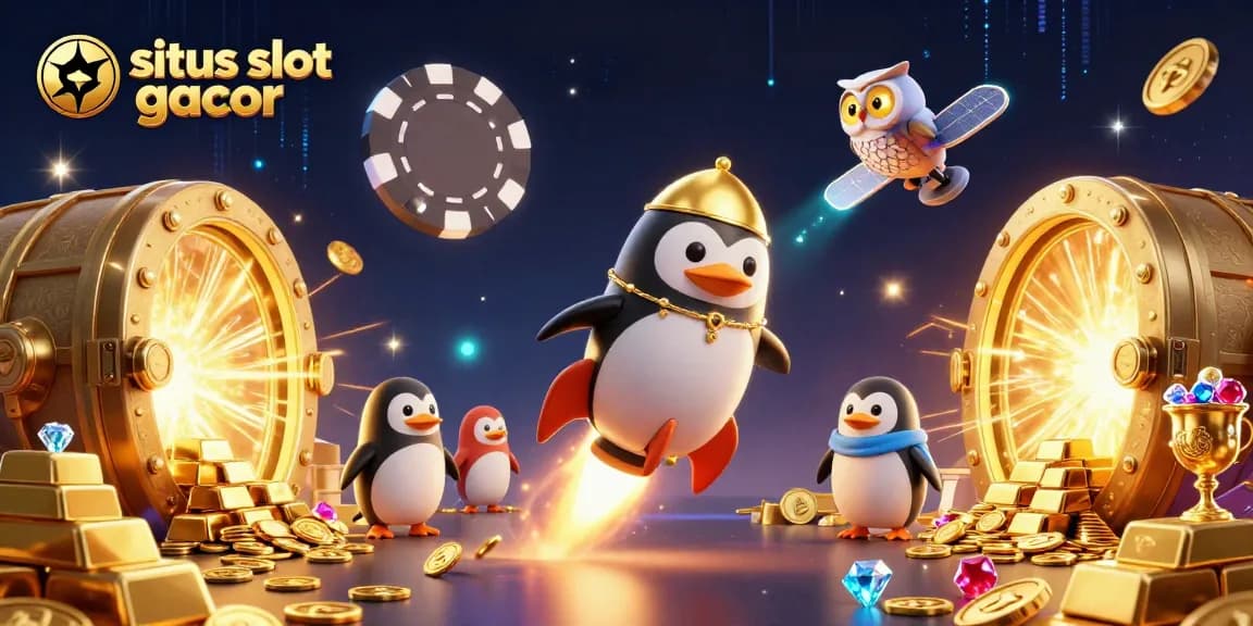 Experience situs slot gacor with an exciting cartoon scene featuring a golden penguin and treasures.