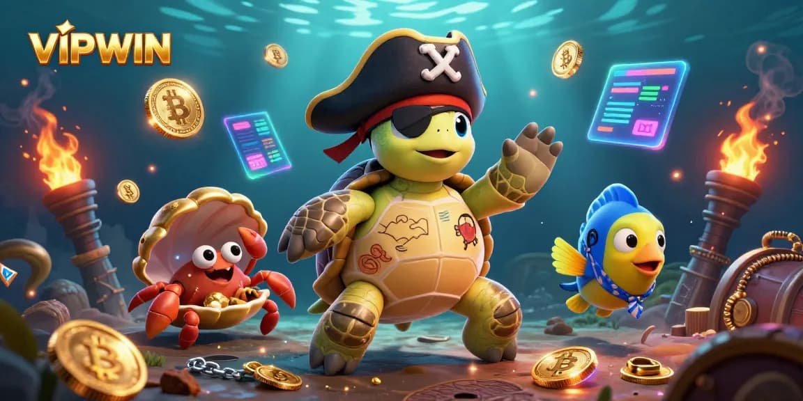Bet on VIPWIN's exciting games with a colorful underwater adventure scene featuring a pirate turtle.