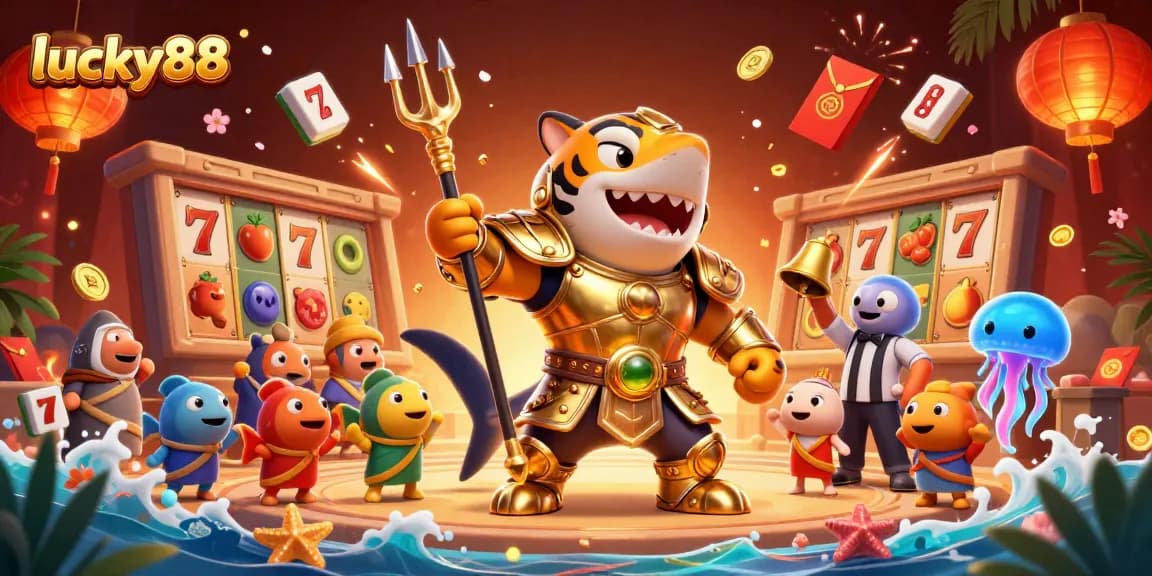 Engage with lucky88 in an underwater colosseum featuring a fierce shark and vibrant casino elements.