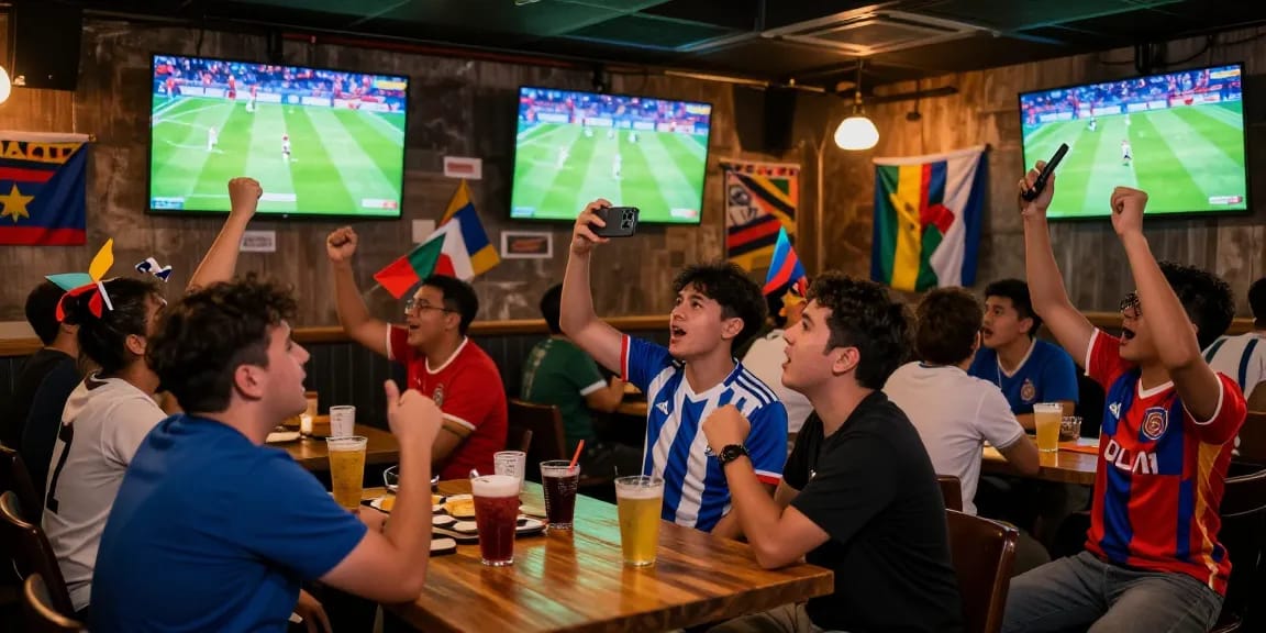 Fußballwetten WM in einer lebhaften Sportbar mit jubelnden Fans und mehreren Bildschirmen.