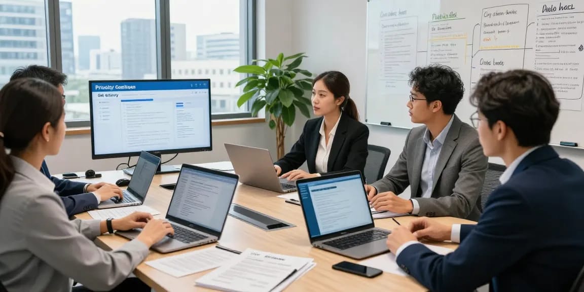 Startseite with business consultants discussing data privacy strategies in a modern office setting.