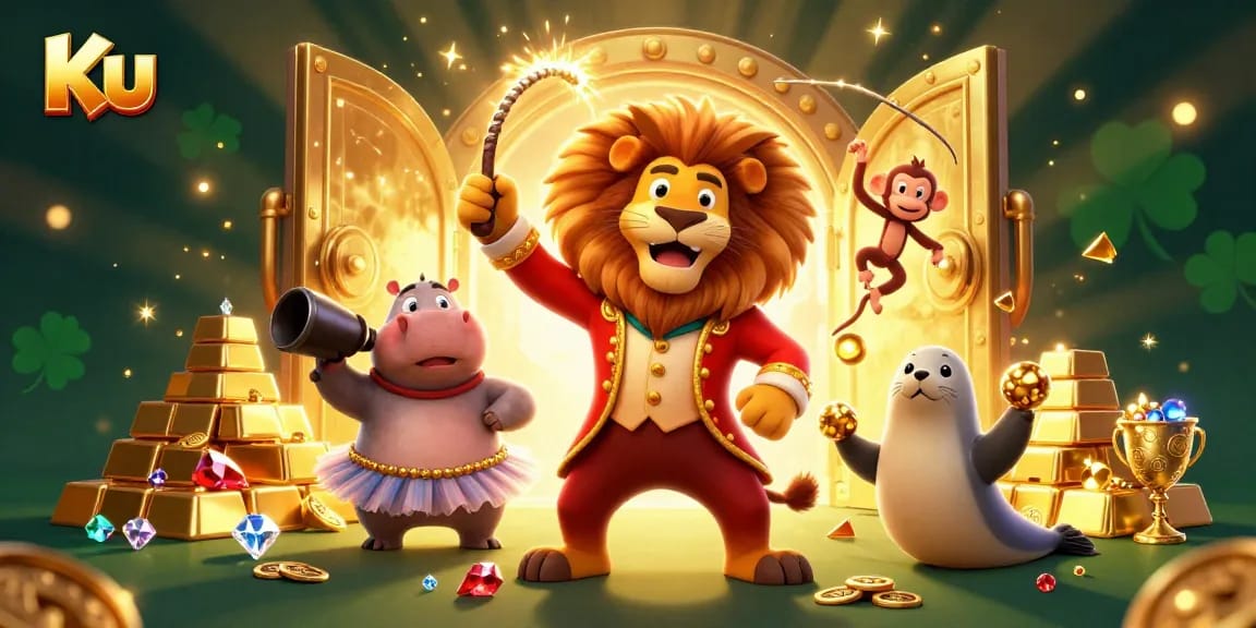 Experience thrilling gameplay at Ku's casino with vibrant characters and golden treasures.