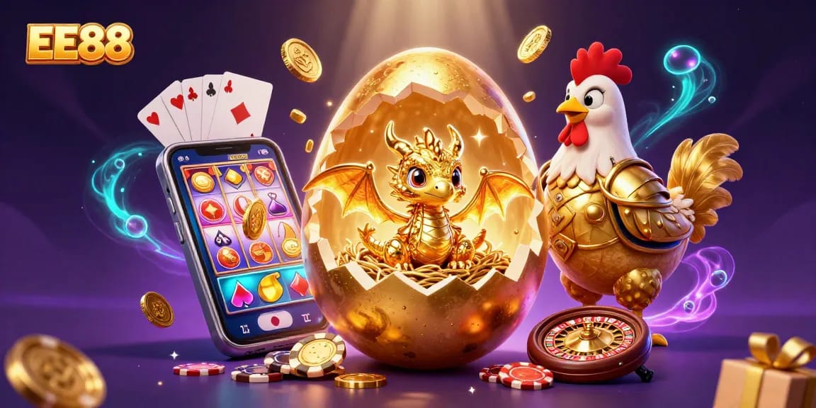 Experience thrilling gambling excitement at EE88 with a gold dragon amidst colorful slot games and dynamic casino elements.