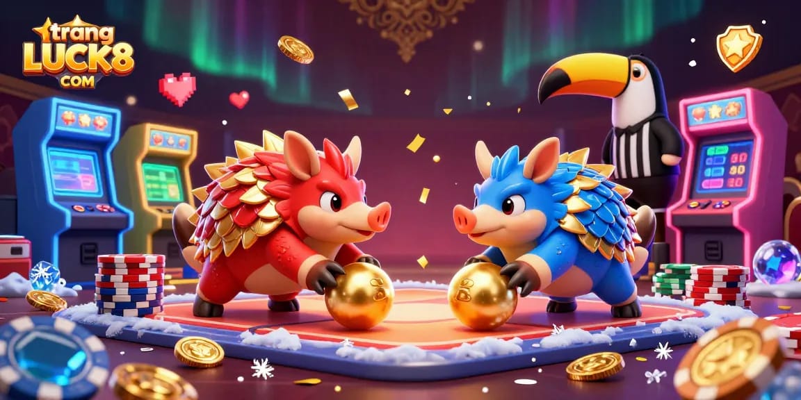 Experience the excitement of trang LUCK8 COM as pangolins bowl through poker chips amidst vibrant casino elements.