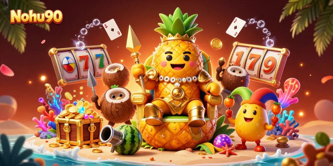 Nohu90's vibrant casino scene showcases thrilling slot games with the golden pineapple king and tropical characters
