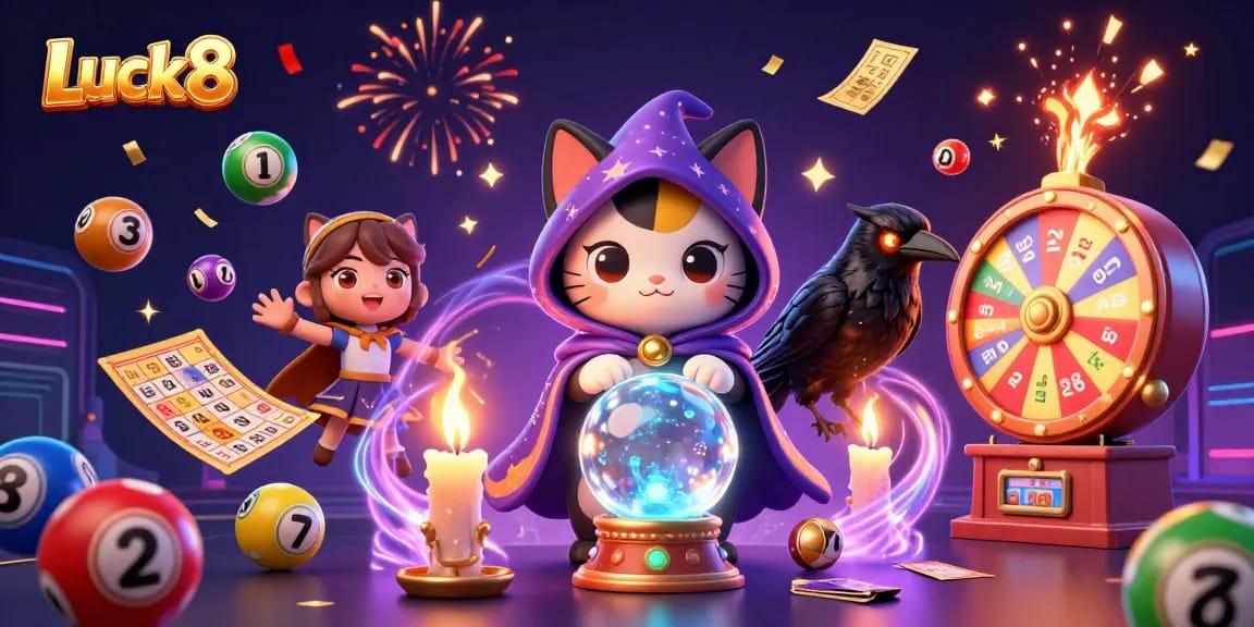 Luck8 showcases a mystical cat fortune teller and raven while vibrant lottery balls bounce in a festive atmosphere.