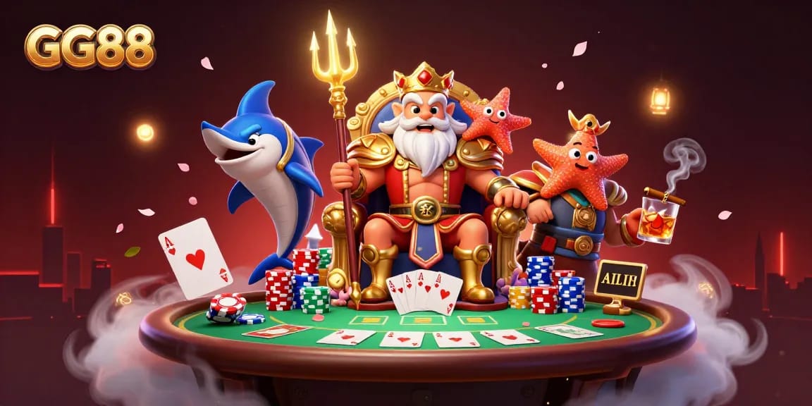 Play exciting casino games at GG88 with cartoon sea king Neptune and his guards.