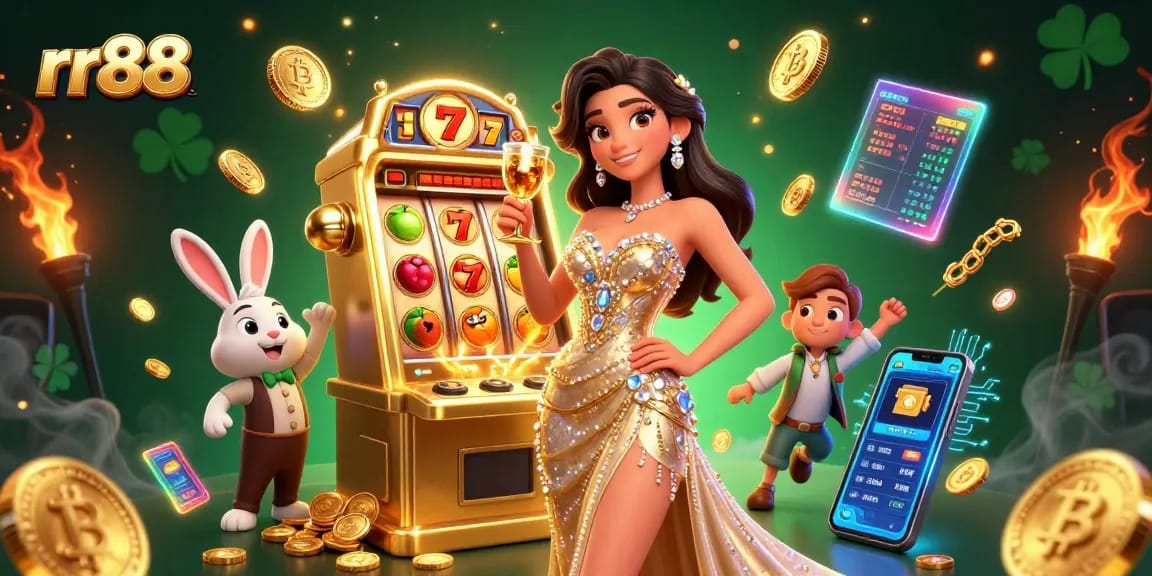Experience thrilling jackpot excitement at rr88 with a glamorous woman celebrating beside a spectacular slot machine.