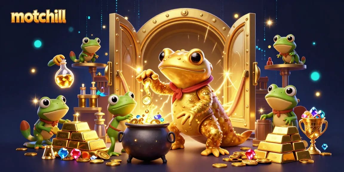 Engage with motchill's golden treasures as a giant salamander alchemist crafts riches in a vibrant casino scene.