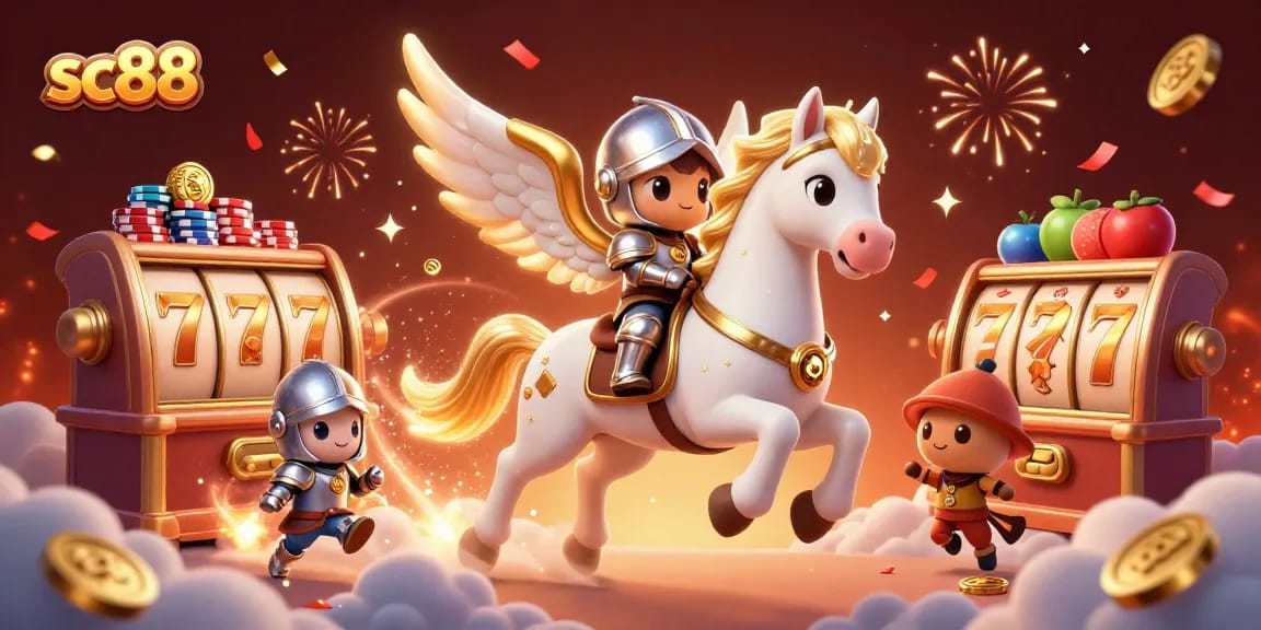 Experience the thrill of sc88 with vibrant slot symbols and magical knights in this dynamic casino illustration.