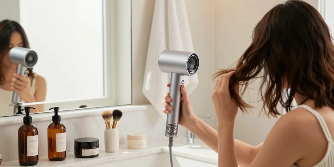 Die Laifen föhn sorgt für glänzendes Haar und perfektes Styling in einem modernen Badezimmer.