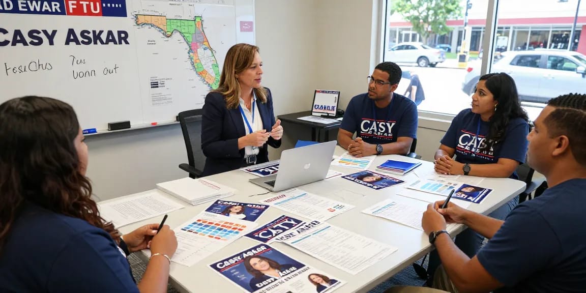Casey Askar campaign office strategizing with volunteers on election plans.