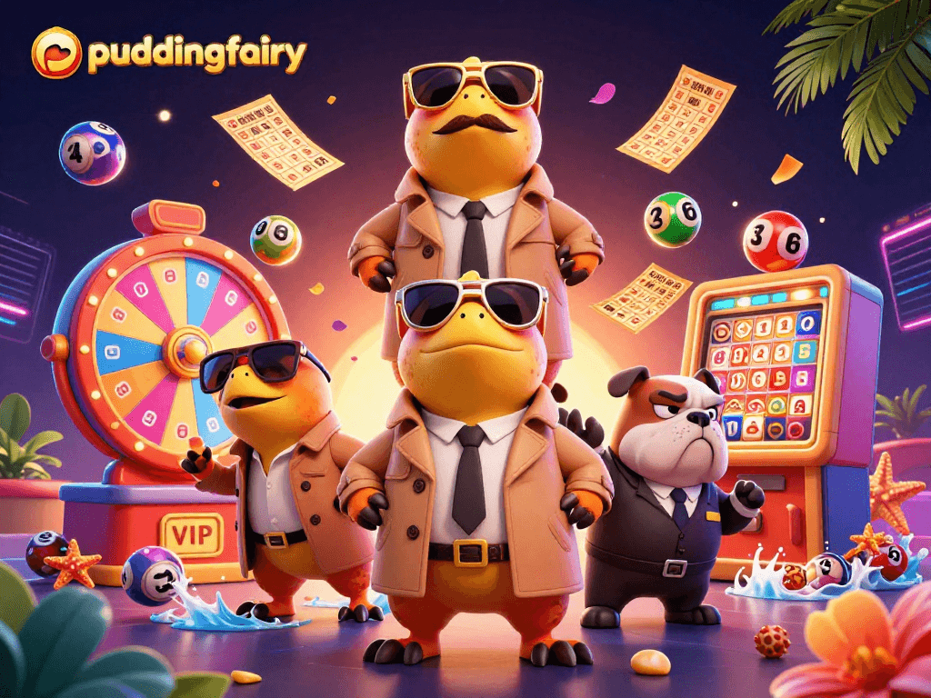 Experience the vibrant gaming world of puddingfairy with dynamic lottery elements and animated casino characters.