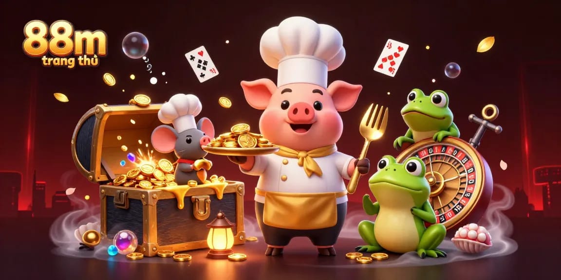 Experience thrilling wins at 88m trang chủ with chefs serving golden coins in a vibrant casino.