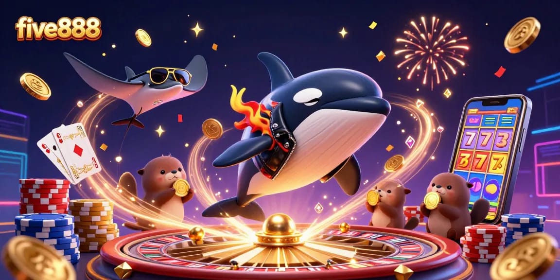 Experience the thrill of five888 with a dynamic 3D illustration featuring exciting casino elements and characters.