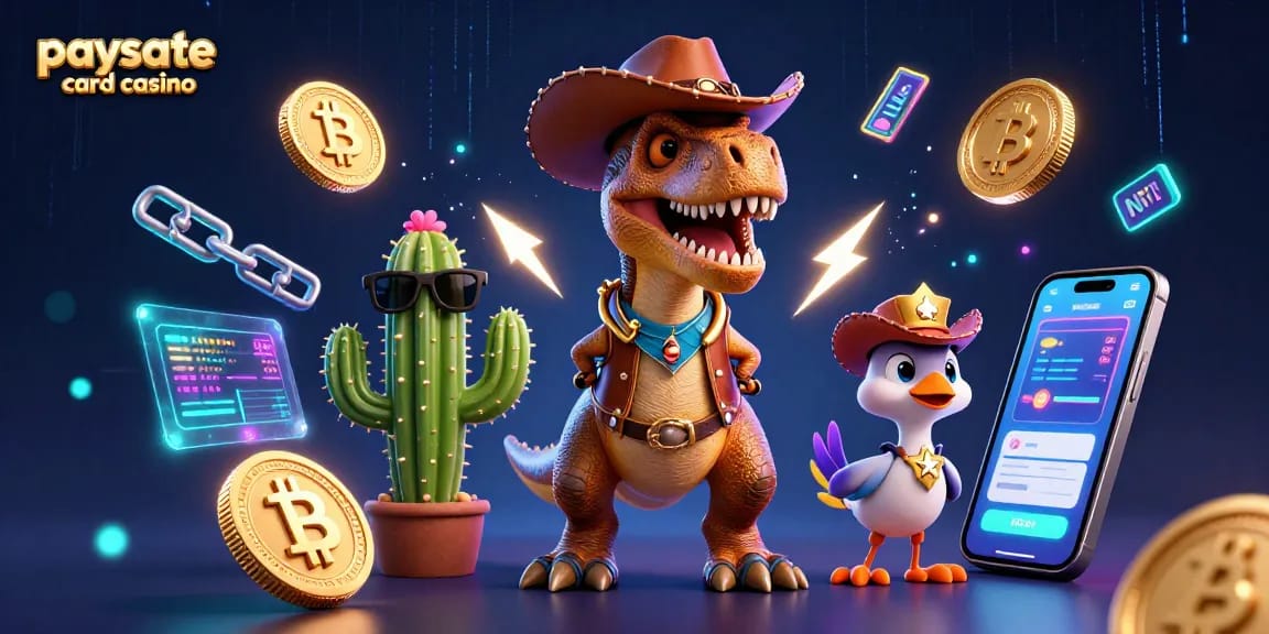 Erleben Sie spannende Aktionen in einem Paysafe Card Casino mit einem 3D-Cartoon-Dinosaurier und lebhaften Spielelementen.