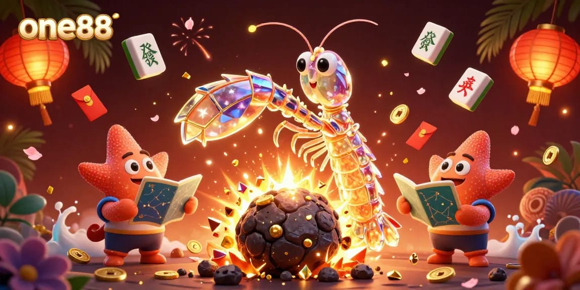 Experience excitement with one88 as the galactic mantis shrimp unleashes jackpots amidst golden gems and festive symbols.