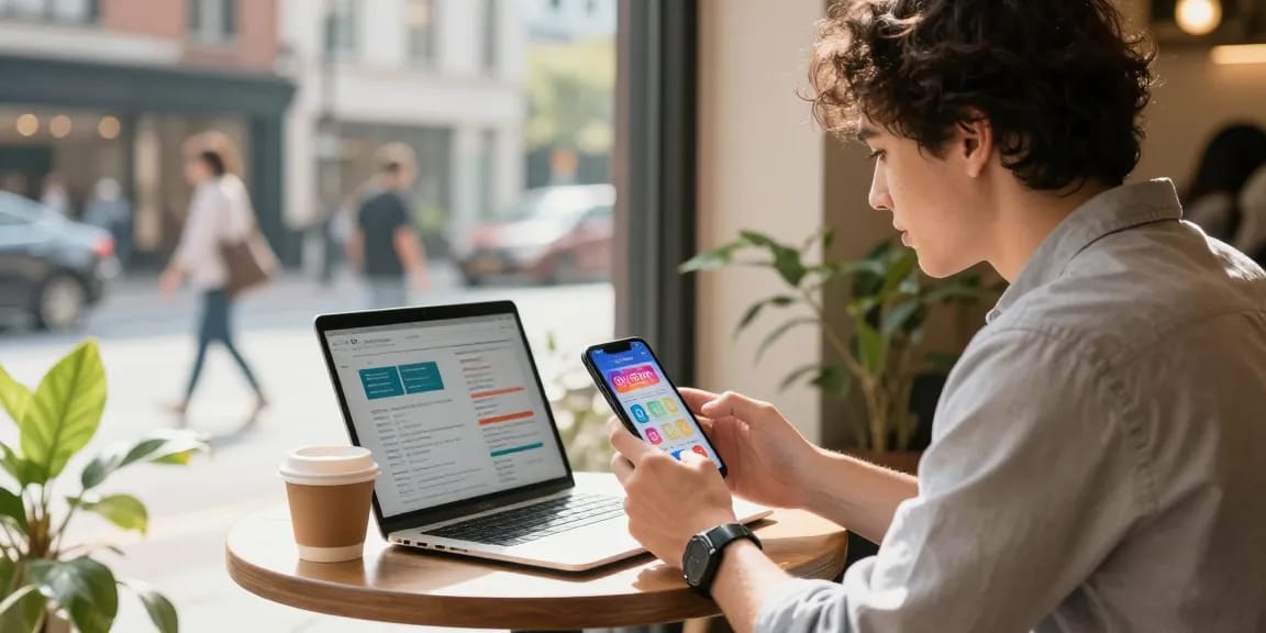 Männliche Instagram Follower kaufen: Ein junger Unternehmer analysiert Instagram-Daten in einem städtischen Café.