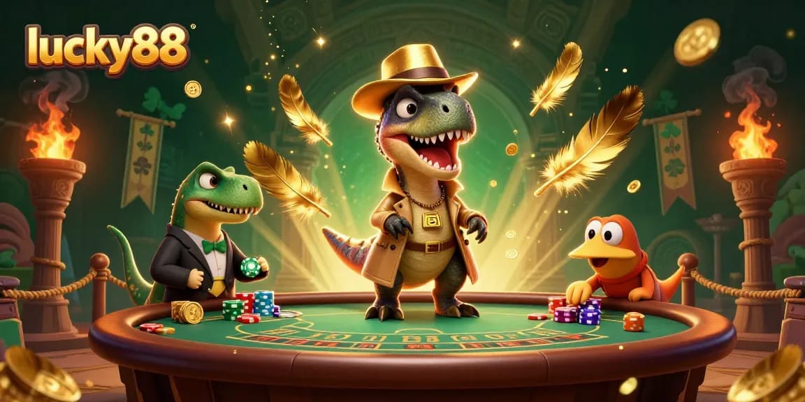 Experience thrilling blackjack action at lucky88 with cartoon dinosaurs engaging in casino antics.