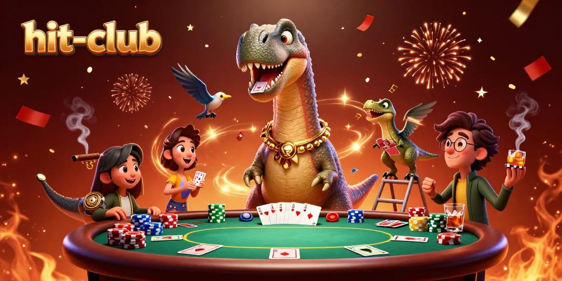Experience the thrill of hit-club poker as the brontosaurus towers above the table, creating an unforgettable gaming scene.