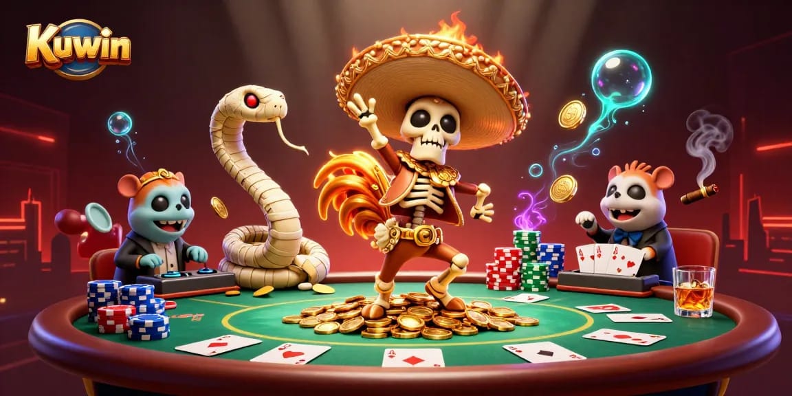 Kuwin showcases a vibrant 3D scene of a mariachi rooster, mummy snake, and zombie DJ in a casino setting.