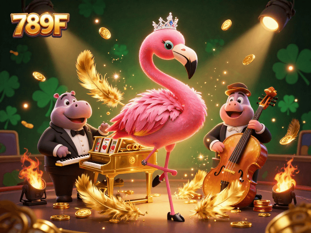 Join 789F for exciting casino action with a glamorous flamingo and hippo jamming at a rich gaming scene.