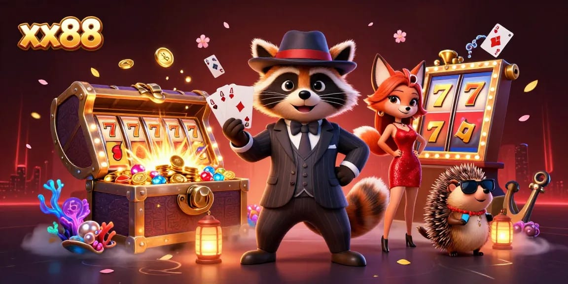 Experience top-tier gaming action at xx88 with rich visuals showcasing a raccoon in poker glory.