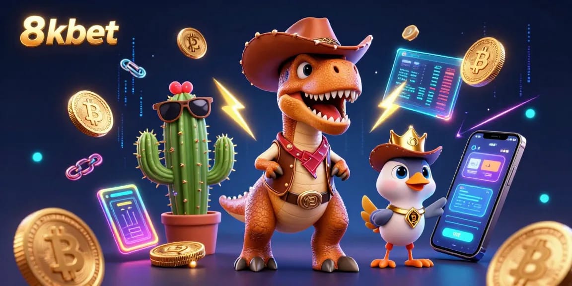 Engage with 8xbet's exciting gaming scene featuring characters, cryptocurrency, and a thrilling atmosphere.