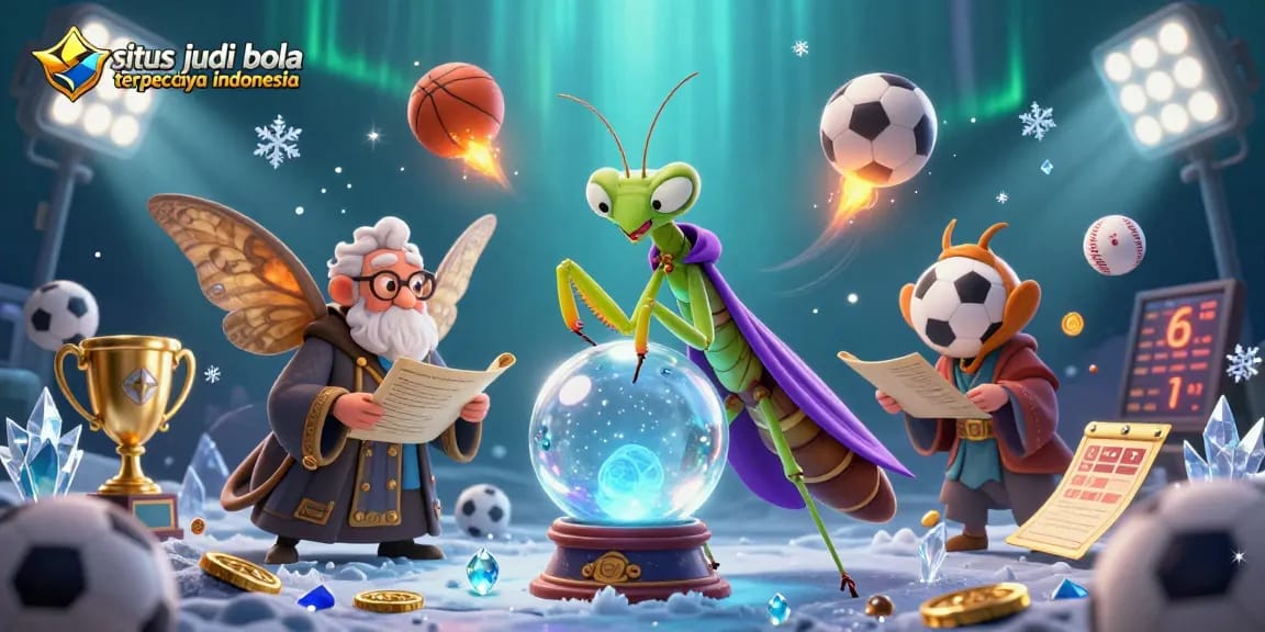 Situs judi bola terpercaya indonesia showcases dynamic sports betting elements, featuring a mystical fortune teller scene.