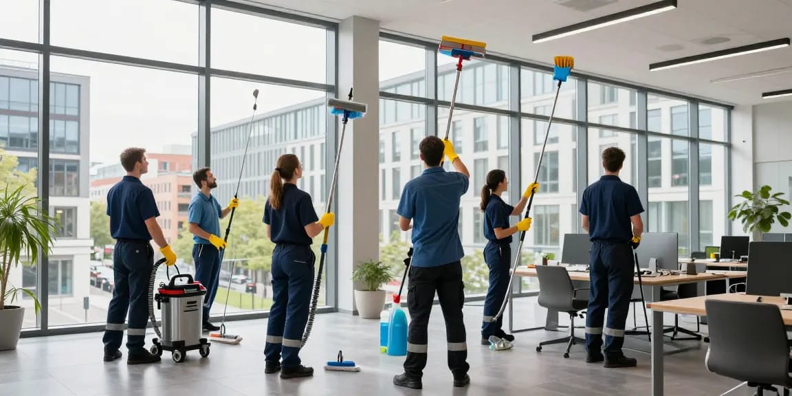 Professionelle Gebäudereinigung Düsseldorf mit geschultem Team und modernen Reinigungsgeräten.