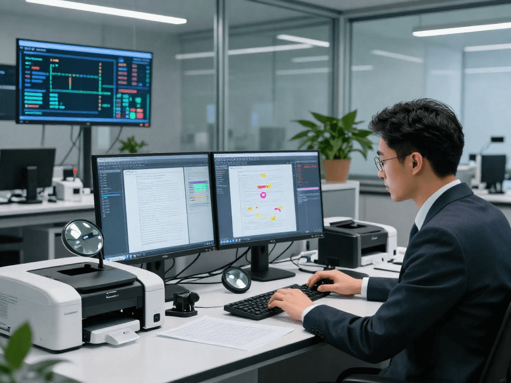Expert document fraud detection in a high-tech lab analyzing suspicious patterns and metadata.