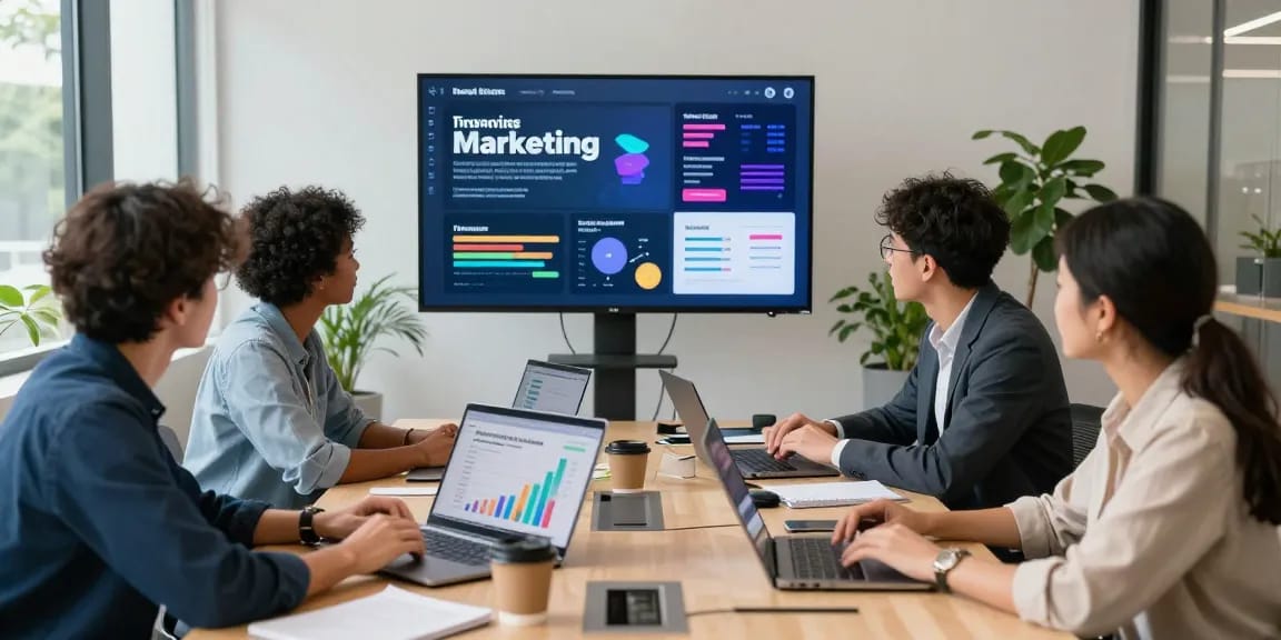 Team, das Online-Marketing-Taktiken in einem modernen Büro strategisiert.