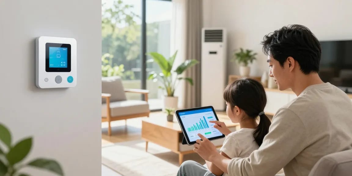 Die Familie überprüft ihren Smart Meter zur Energieeffizienz in einem modernen Wohnzimmer.