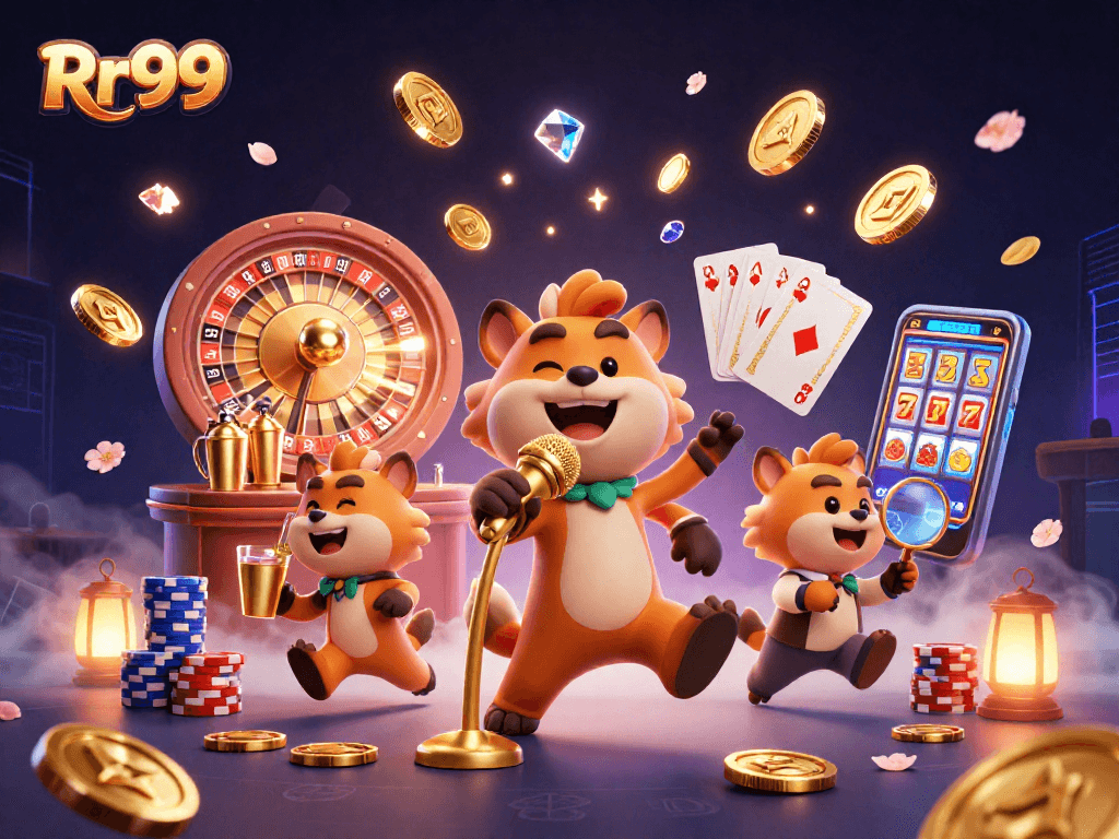 Experience Rr99’s vibrant casino atmosphere with playful hyenas engaging in fun and games.