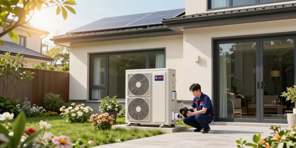 A Bosch heat pump installed in a modern home garden, showcasing energy efficiency and sustainable living.