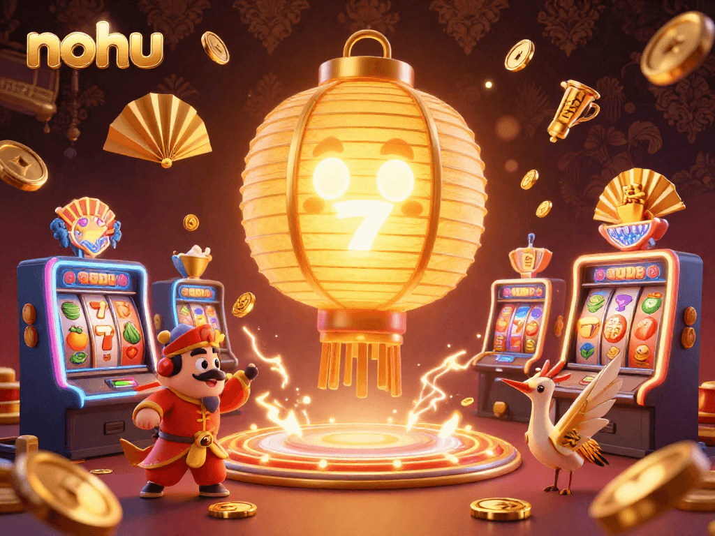 Nohus vibrant casino scene showcases spinning slot reels, golden symbols, and glowing lanterns for high-stakes excitement.