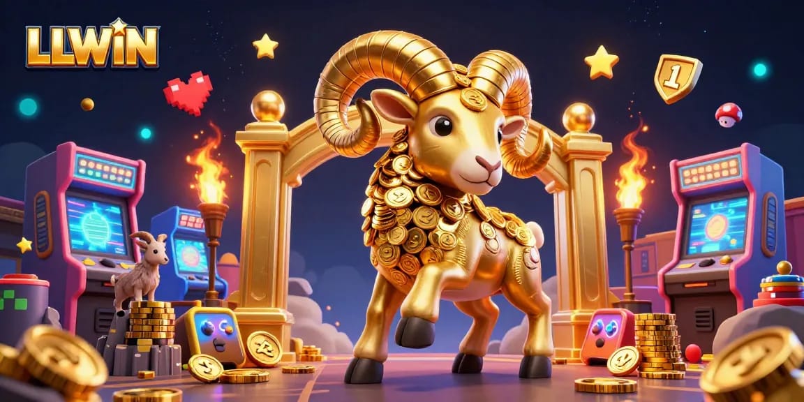 LLWIN showcases a dynamic 3D scene with a golden ram charging towards a casino gateway, symbolizing vibrant gaming energy.