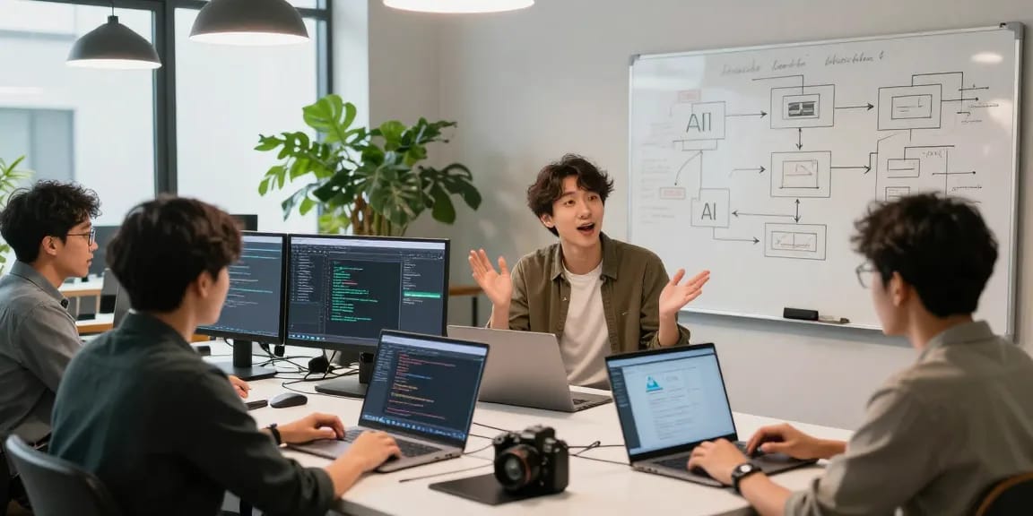 Team of developers working together on generative AI projects in a modern office environment.
