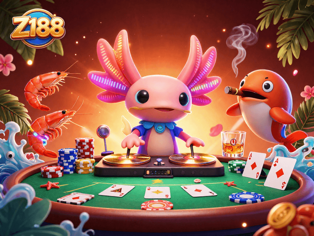 Z188 offers thrilling gaming action with a vibrant axolotl DJ at the center of a lively casino scene.