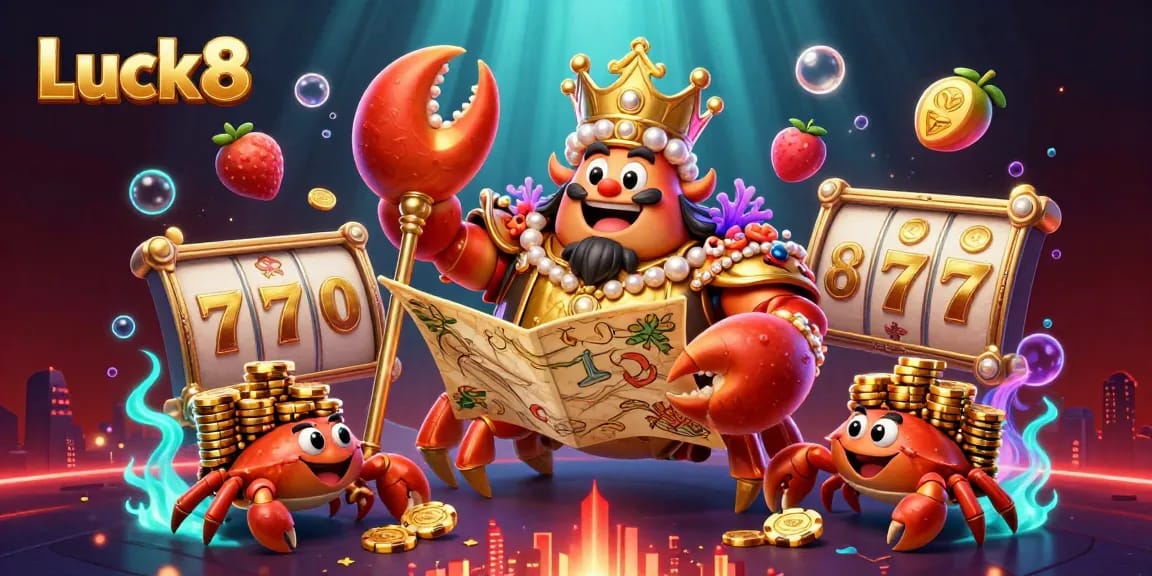 Experience the vibrant energy of Luck8 with a golden crab emperor amidst slot gaming elements.