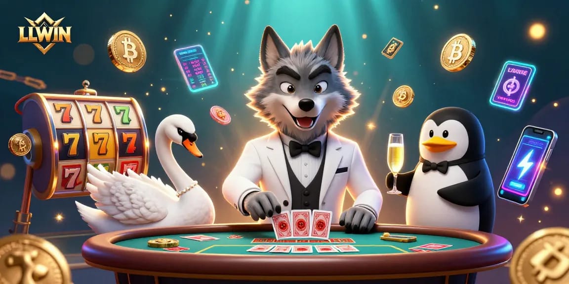 Experience excitement at LLWIN's baccarat table with vibrant casino elements and dazzling characters.