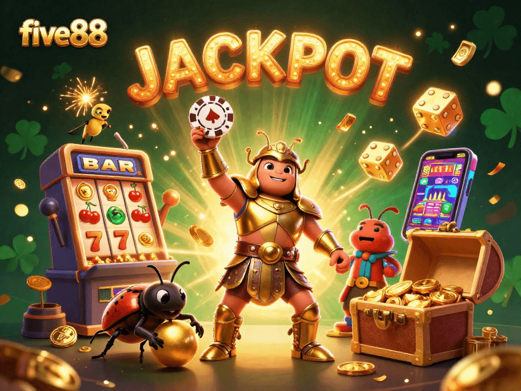 Experience the excitement of five88 as a hercules beetle celebrates victory with a jackpot in a vibrant casino atmosphere.