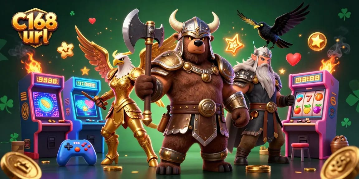 Spin the reels at C168 url's vibrant casino scene, featuring a Viking berserker bear and Valkyrie eagle.