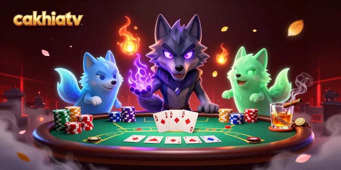 Engage in exciting poker strategy with cakhiatv's vibrant 3D gambling illustration featuring wolves.